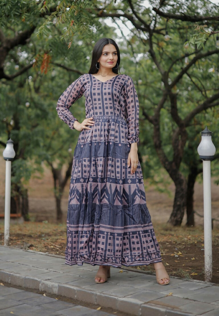 Jyoti Fashion Women's Navy Blue Heavy Digital Printed Pure Chanderi Anarkali Dress | Swadesiicart