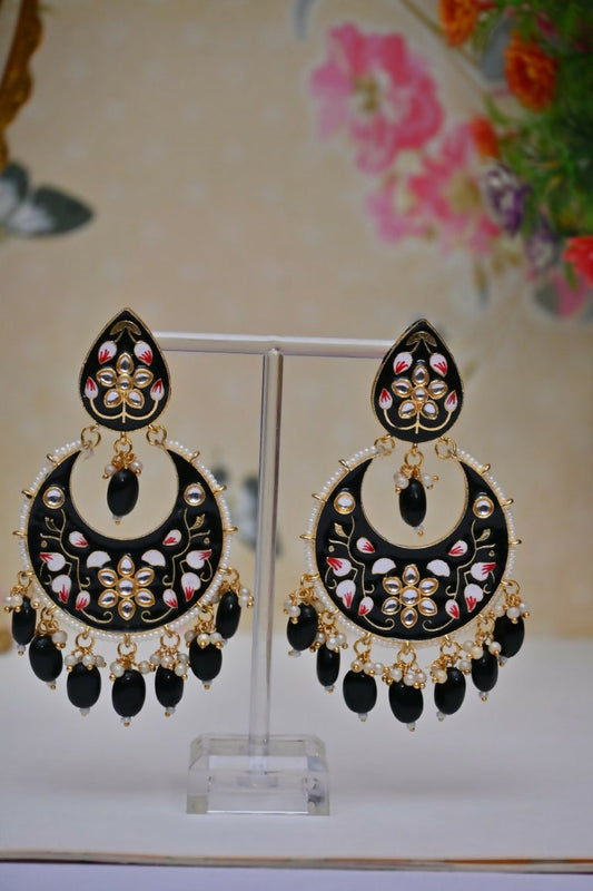 Black Gold-Polished Brass & Pearl Dangle Women Earrings| Hand Painted Meenakari Chandbali Traditional Ethnic Wear Earrings By House of Ree - Swadesiicart