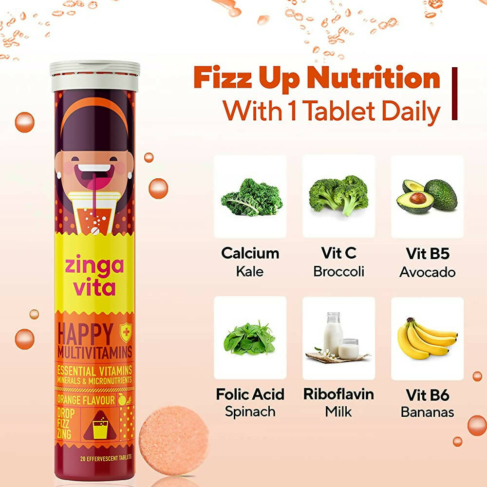 Zingavita Happy Multivitamin Effervescent Tablets for Kids (Orange Flavor) | Swadesiicart