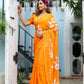 Exclusive Collection Beautiful Orange Pure Cotton Hand Print Handloom Saree With Running Blouse Piece - Swadesiicart