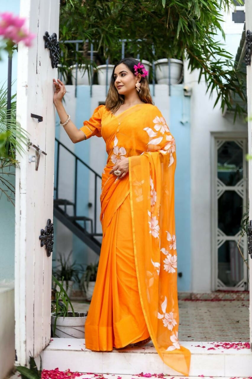 Exclusive Collection Beautiful Orange Pure Cotton Hand Print Handloom Saree With Running Blouse Piece - Swadesiicart