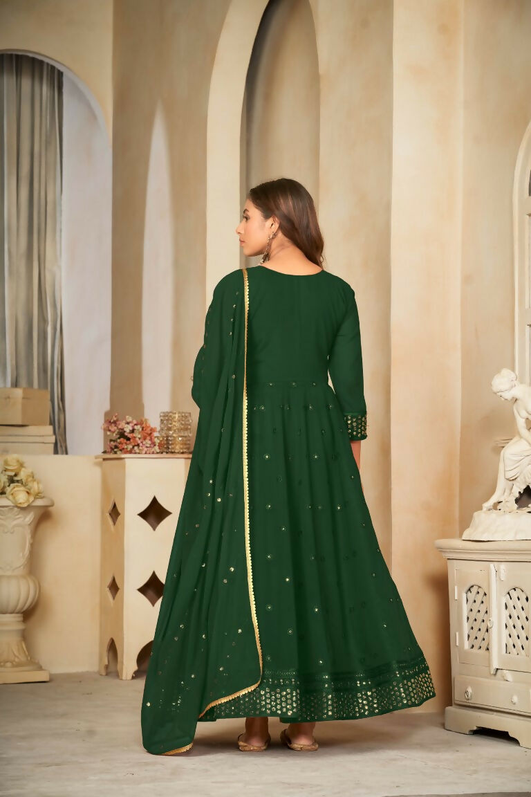 Jyoti Fashion Women's Green Georgette Embroidered Anarkali Kurta Pant Set With Dupatta | Swadesiicart