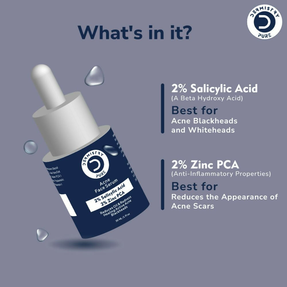 Dermistry Pure 2% Salicylic Acid 2% Zinc Face Serum For Oily Acne Prone Skin Black & Whitehead Scars - Swadesiicart