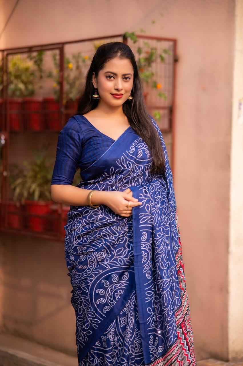 Blue Silk Blend Ajrak Saree with Unstitched Blouse - Hiral Fashion | Swadesiicart