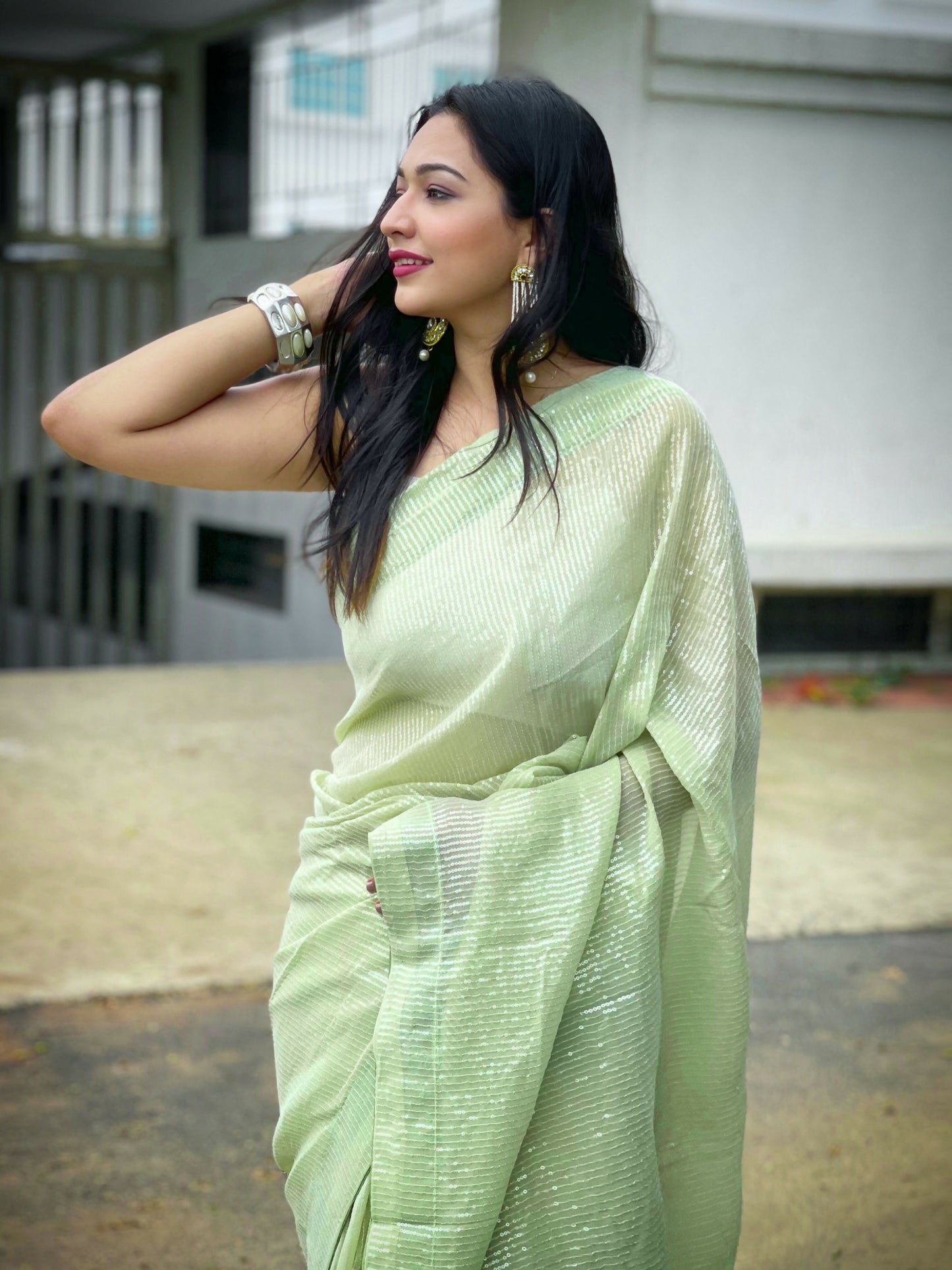 Vamsee Solid Color Sea Green Georgette Saree - Swadesiicart