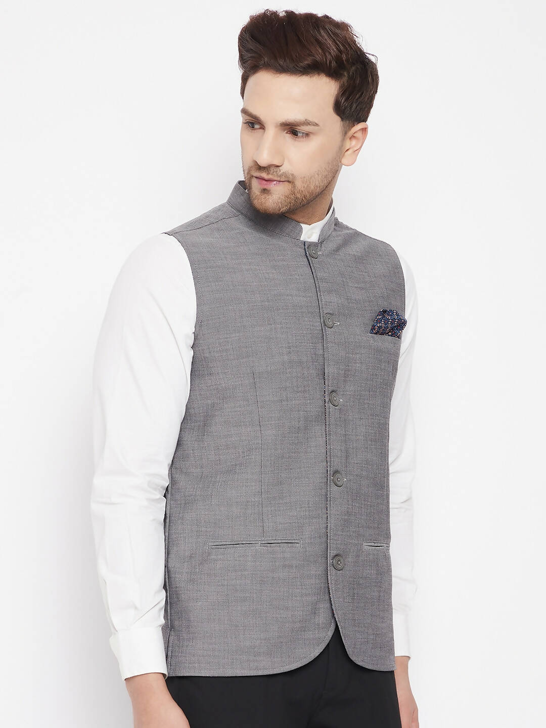 Even Apparels Grey Merino Men's Nehru Jacket-Contrast Lining-Free Pocket Square PW690 | Swadesiicart