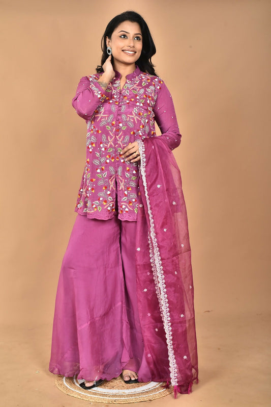 Morchari Women And Hand Embroidery Palazzo Set-Purple - Swadesiicart