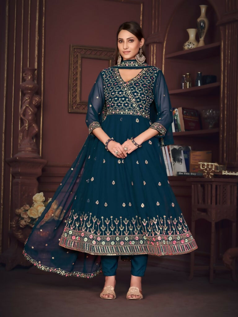 Jyoti Fashion Women's Rama Georgette Embroidered Anarkali Kurta Pant Set With Dupatta | Swadesiicart