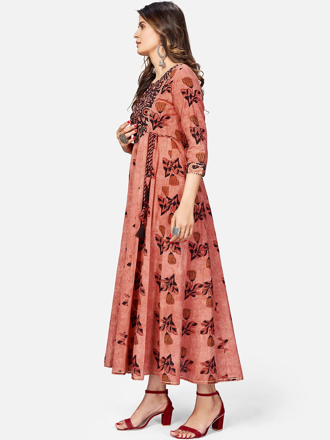 NOZ2TOZ Women's Printed & Hand Work Anarkali Cotton Brown Kurta (1Pc) - Swadesiicart