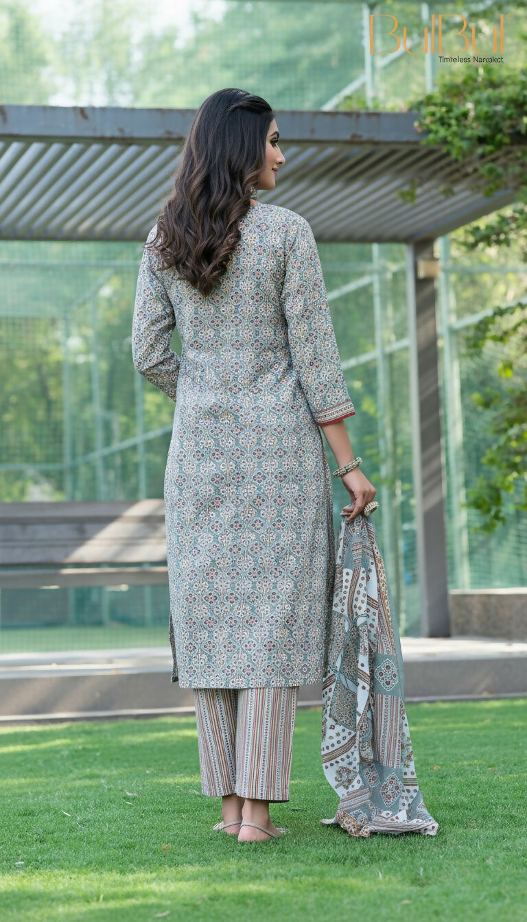 BulBul Fashionista Cotton Grey Kurta Set with Dupatta - Swadesiicart
