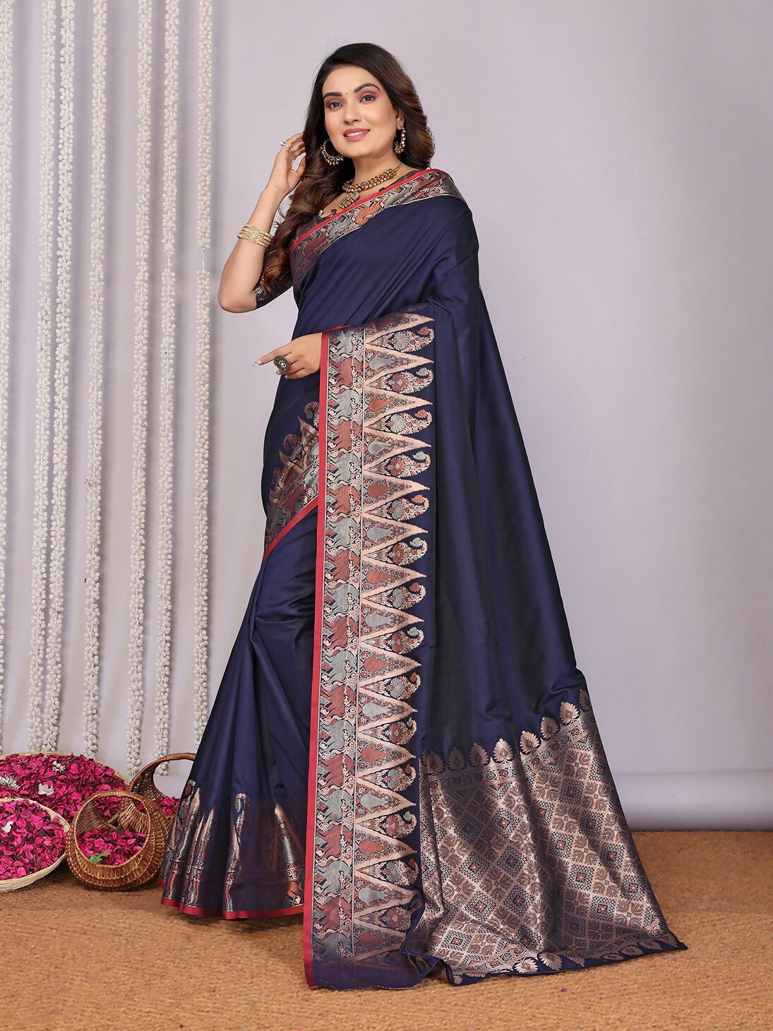 Joban Fashion Banarasi Navy Blue Jacquard Woven Soft Silk Saree | Swadesiicart