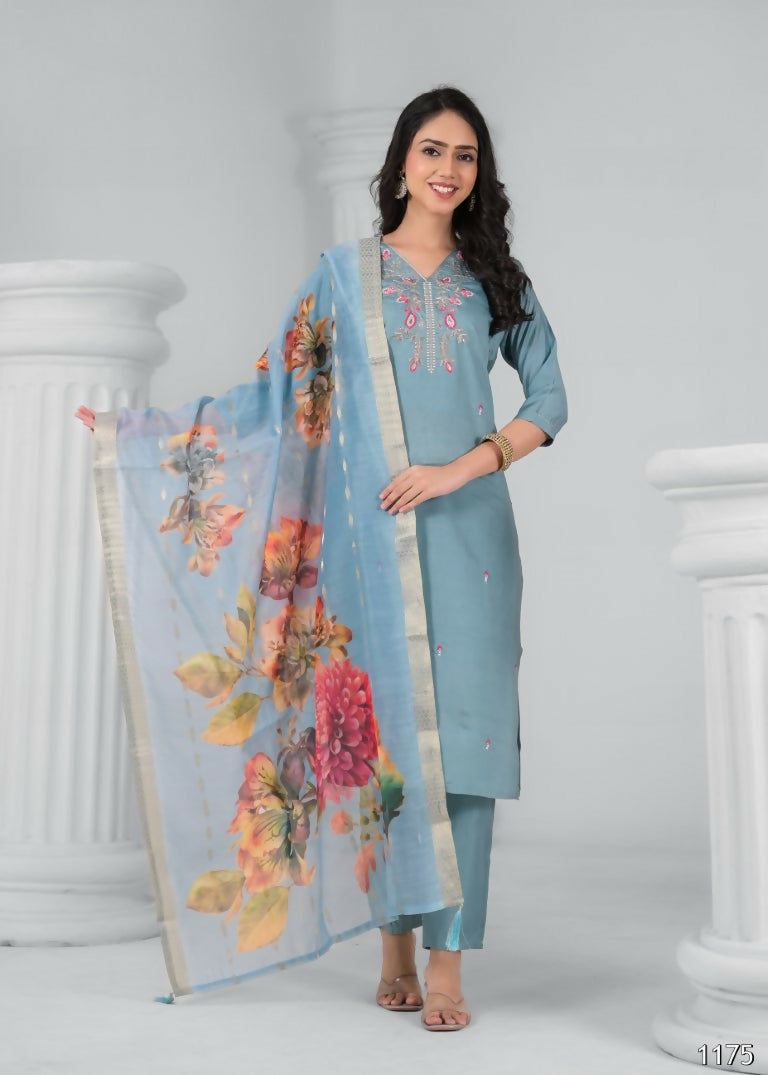 Ethnic Festive Wear Chanderi Viscose Sky Stitched Suit With Dupatta - Tanisha | Swadesiicart
