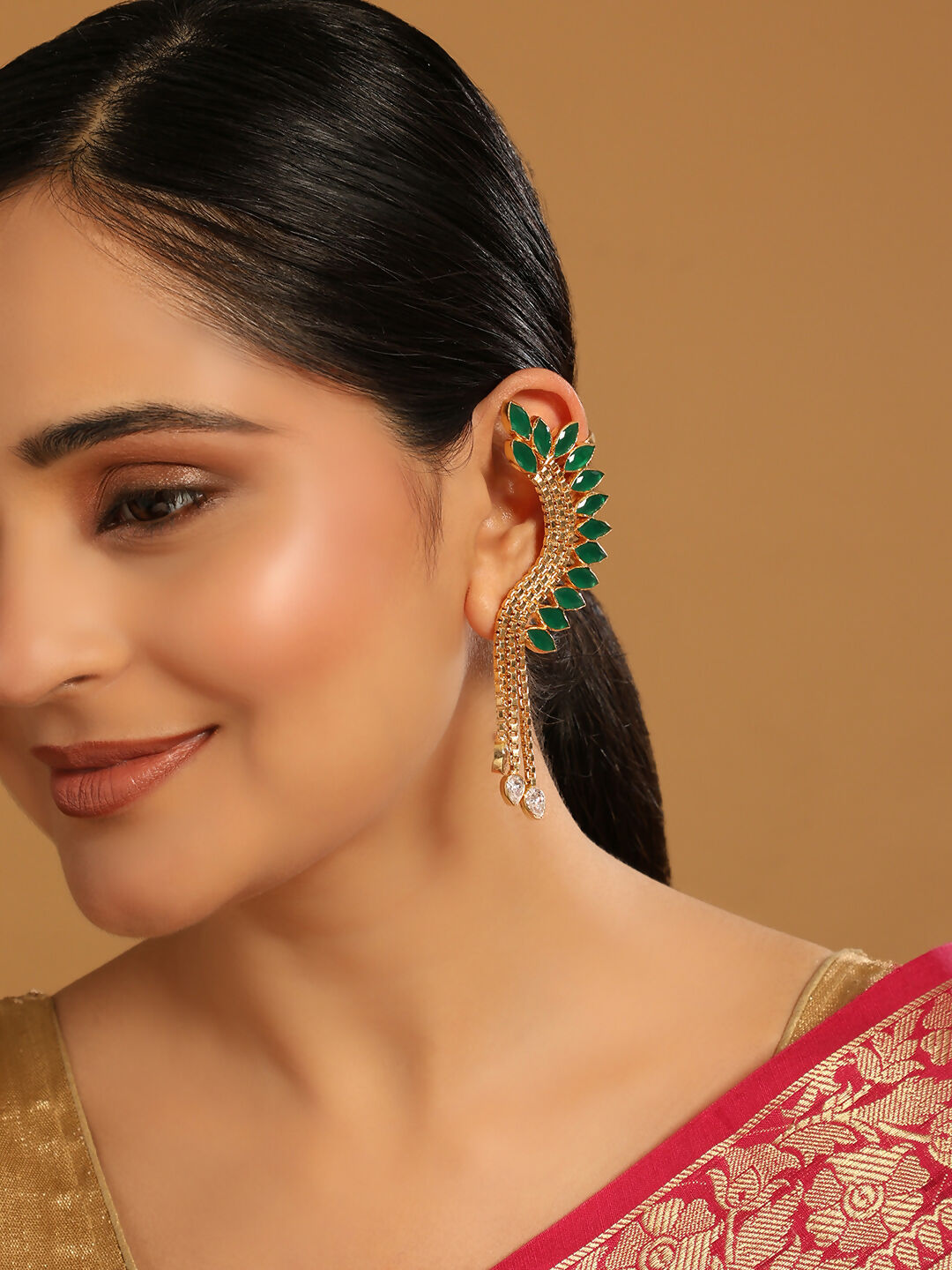 Nuyug 22K Gold Plated Faux Emerald Studded Contemporary Ear Cuff Earrings | Swadesiicart
