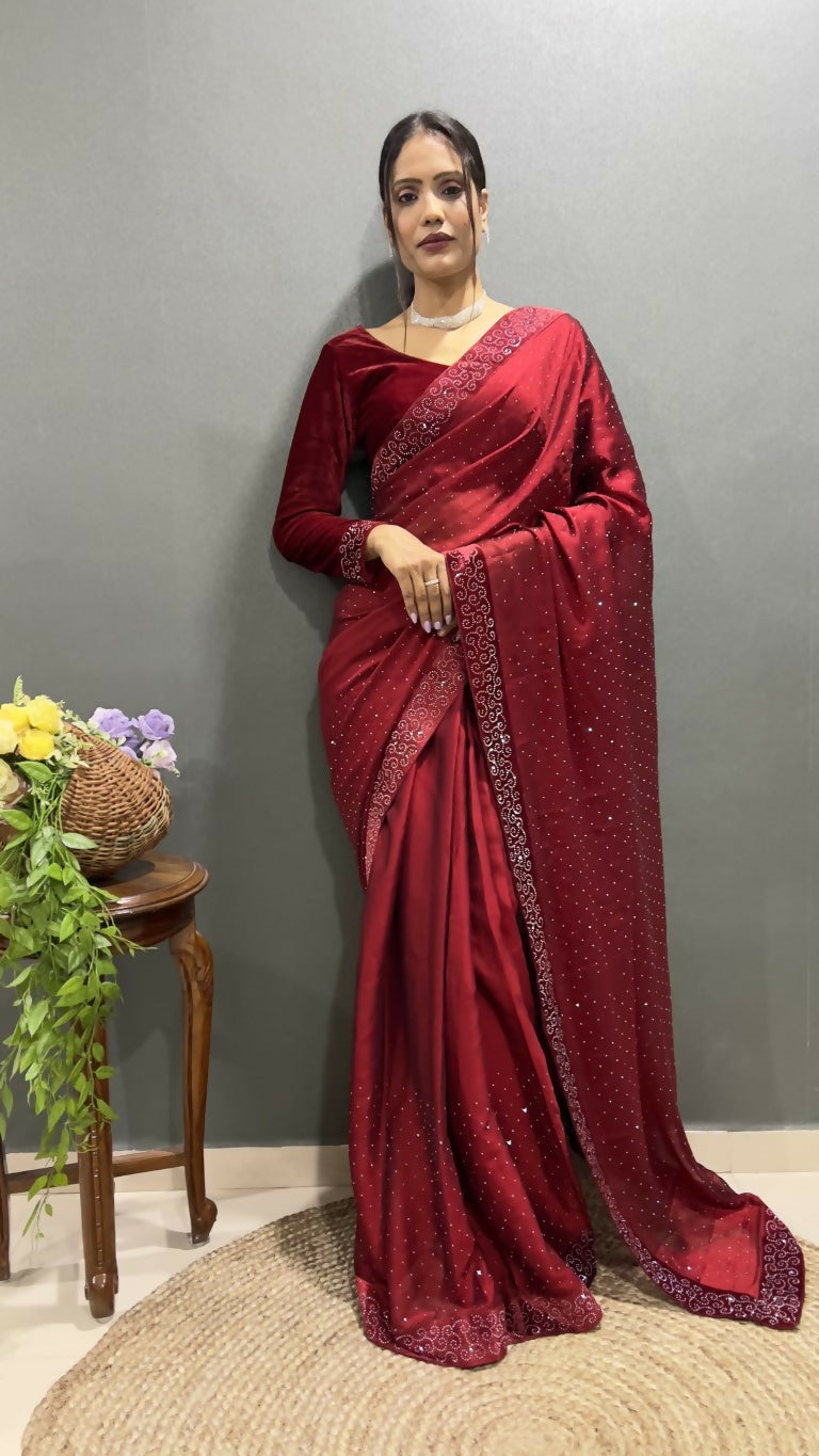 Vastranavya Maroon Rangoli Silk Swarovski work Ready to Wear Saree | Swadesiicart