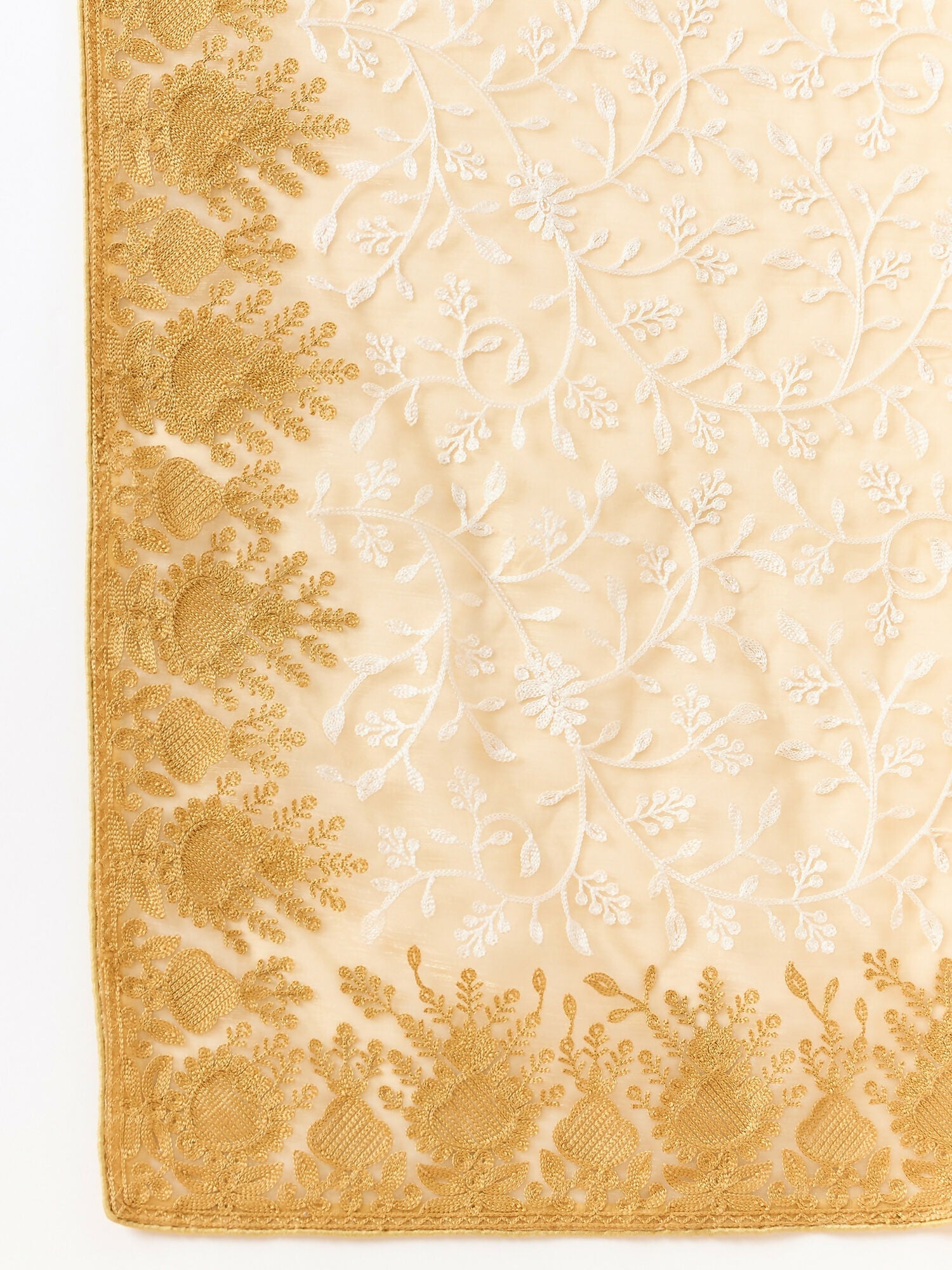 Beige Organza Floral Embroidered Saree with Unstitched Blouse Piece - Roozal