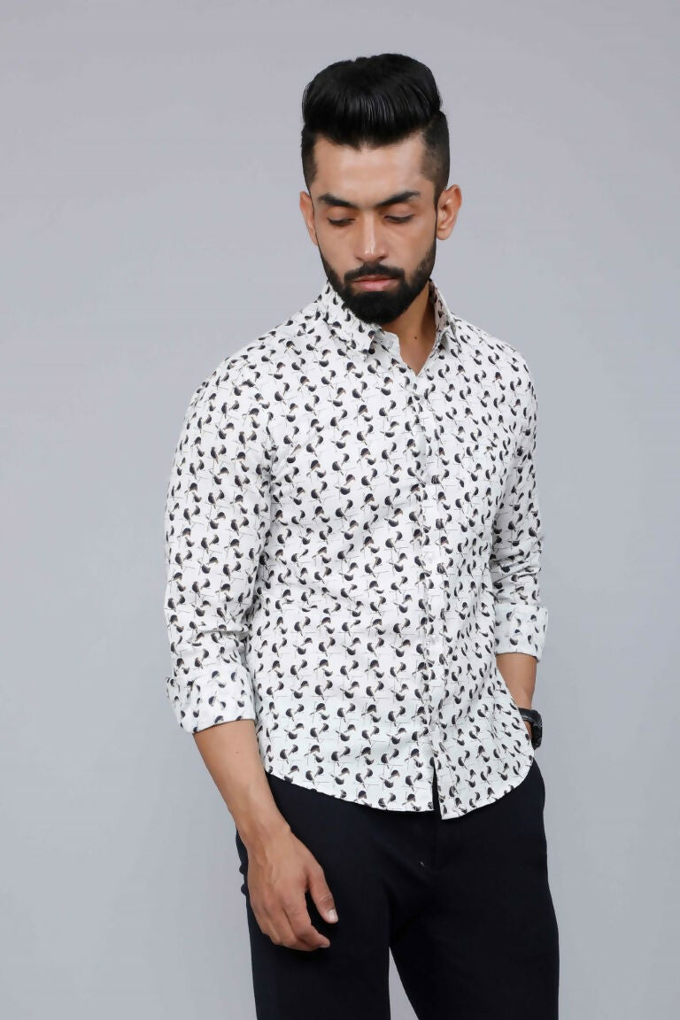 Miravan Men's White Spread Collar Bird Print Casual Shirt | Swadesiicart