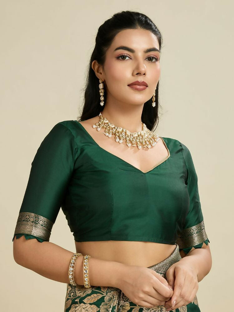 Vishnu Weaves Women's Bt-Green Banarasi Silk Zari Woven Saree with Blouse - Swadesiicart