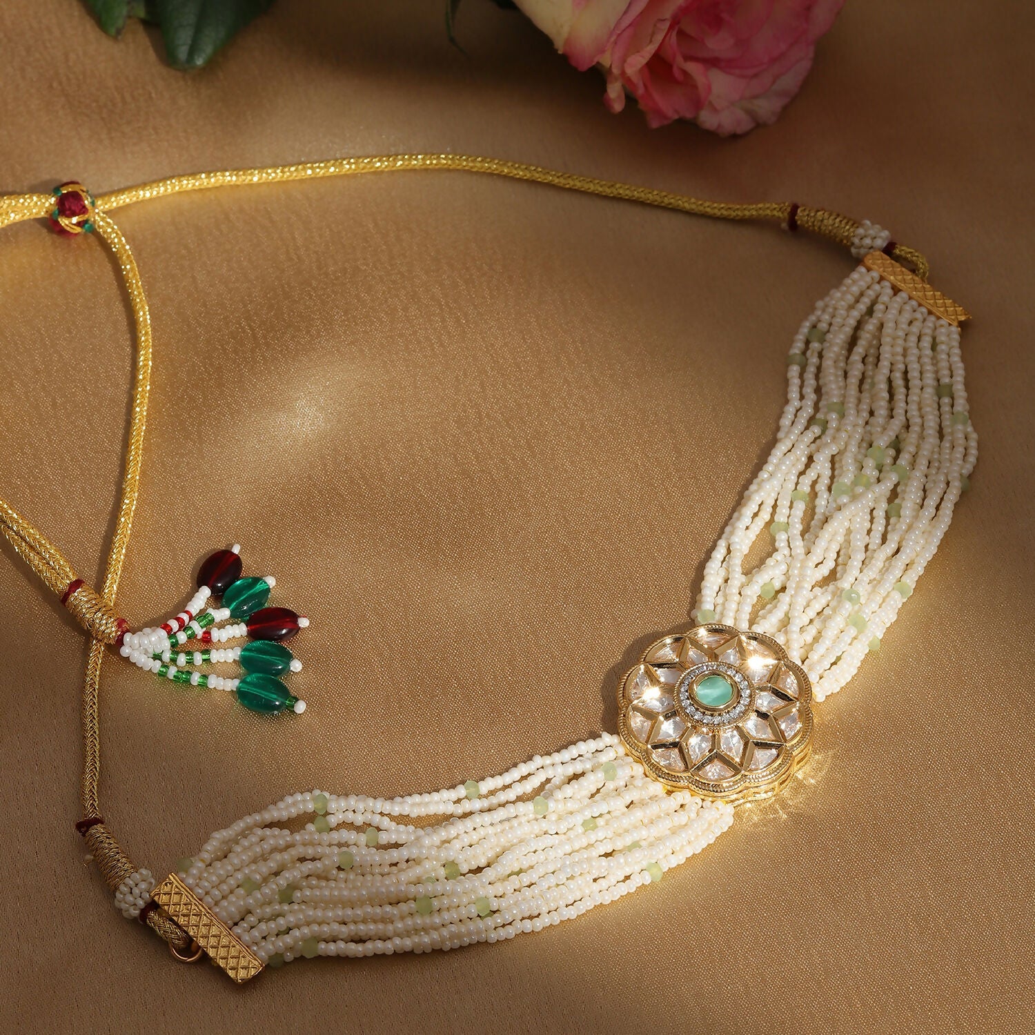 Pearl and Kundan Choker with Intricate Flower Design (White) - Ruby Raang | Swadesiicart
