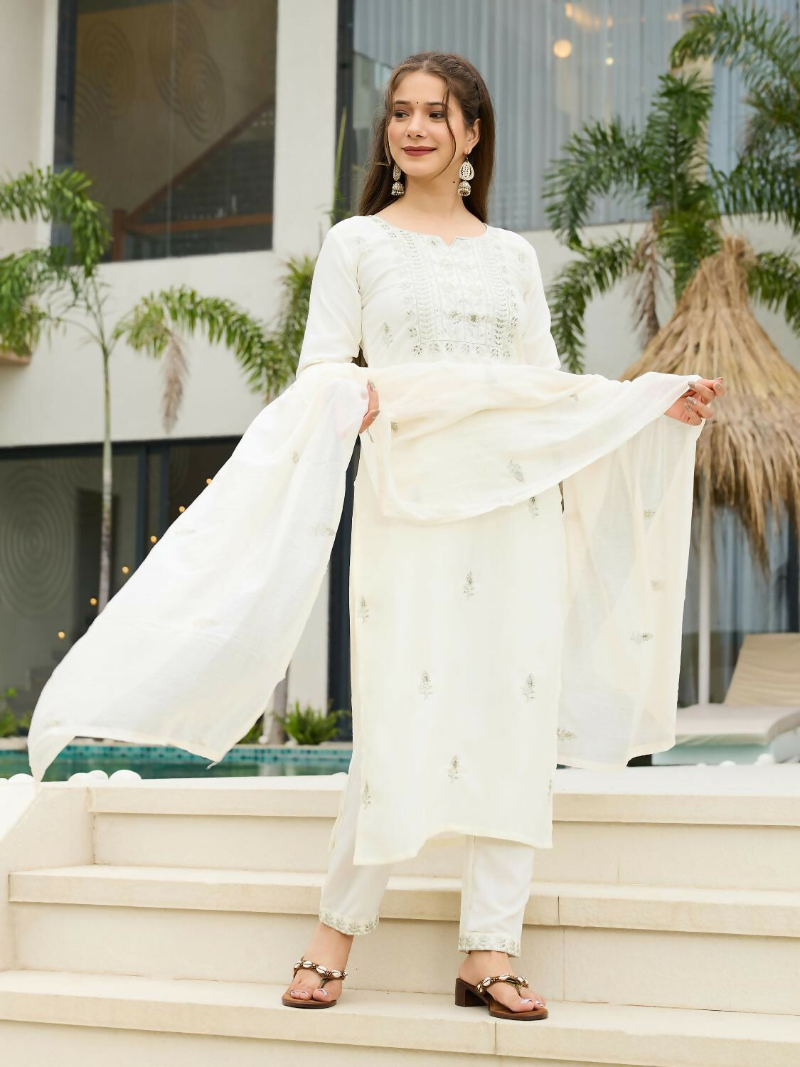The52 White Women's Beautiful Rayon Slub Fabric Embroidered Work Straight Kurta, Pant and Dupatta Set - Swadesiicart