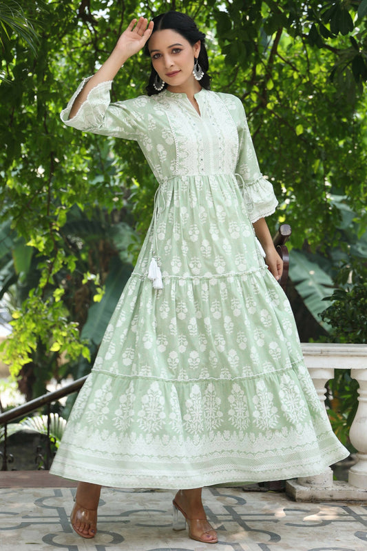 Juniper Women's Green Cambric Floral Printed Maxi Tiered Dress | Swadesiicart