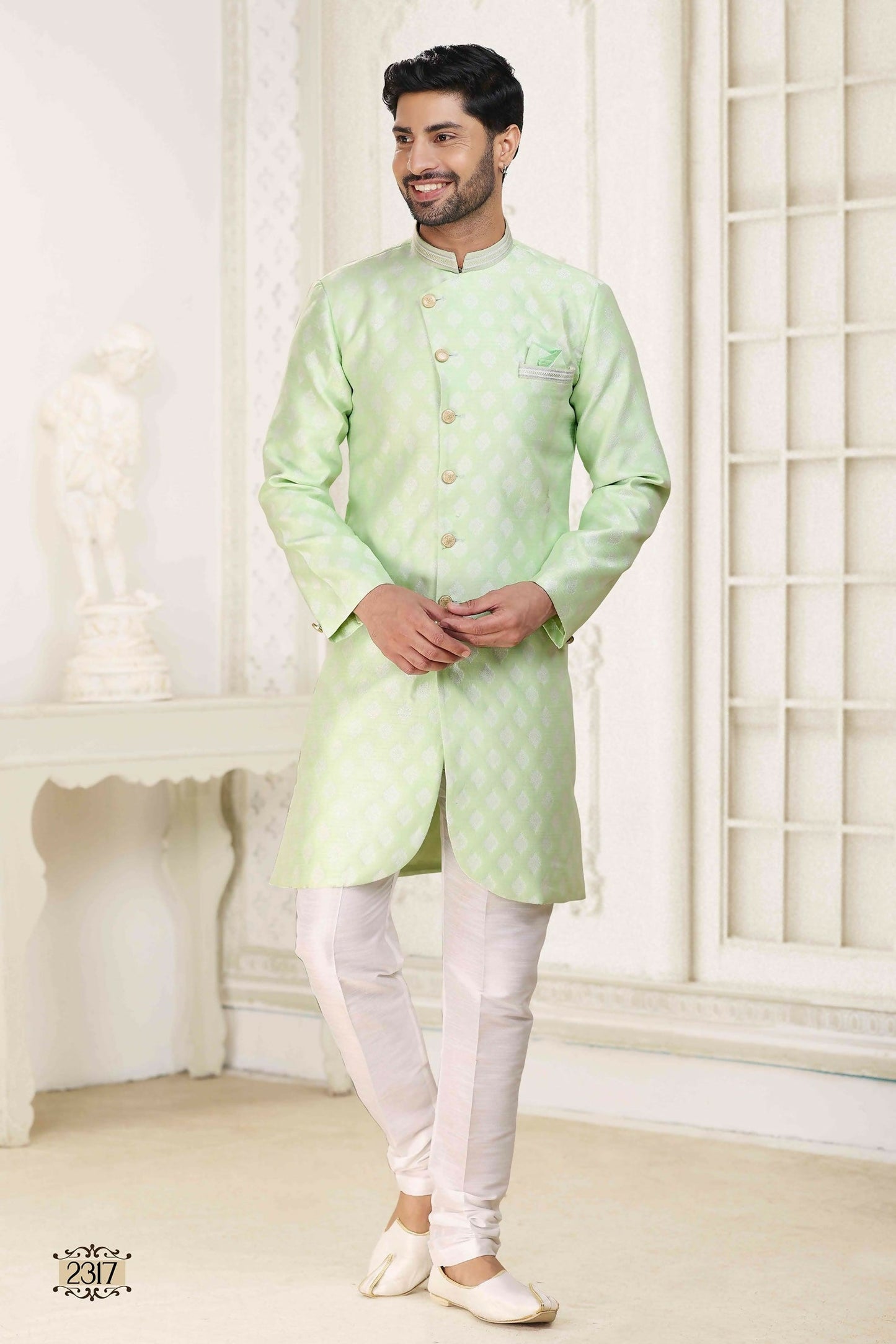 Raivat Ethnic Banarasi Jacquard Embroidery Semi Indo Western Sherwani In Pista Green Colour | Swadesiicart