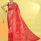 Joban Fashion Peach & Red Plain With Weaving Border Banarasi Silk Sarees | Swadesiicart