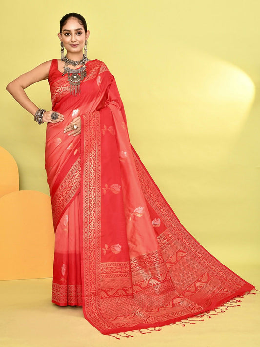 Joban Fashion Peach & Red Plain With Weaving Border Banarasi Silk Sarees | Swadesiicart