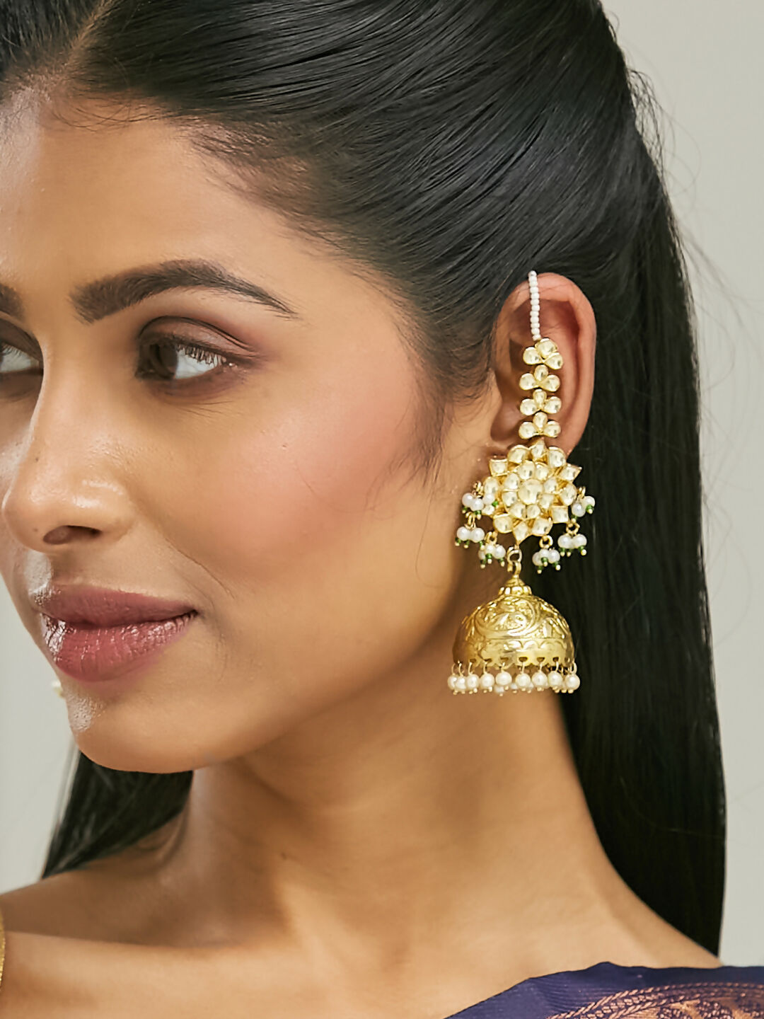 Nuyug 22K Gold-Plated Floral Jhumki Kundan Studded Kanauti Earrings | Swadesiicart