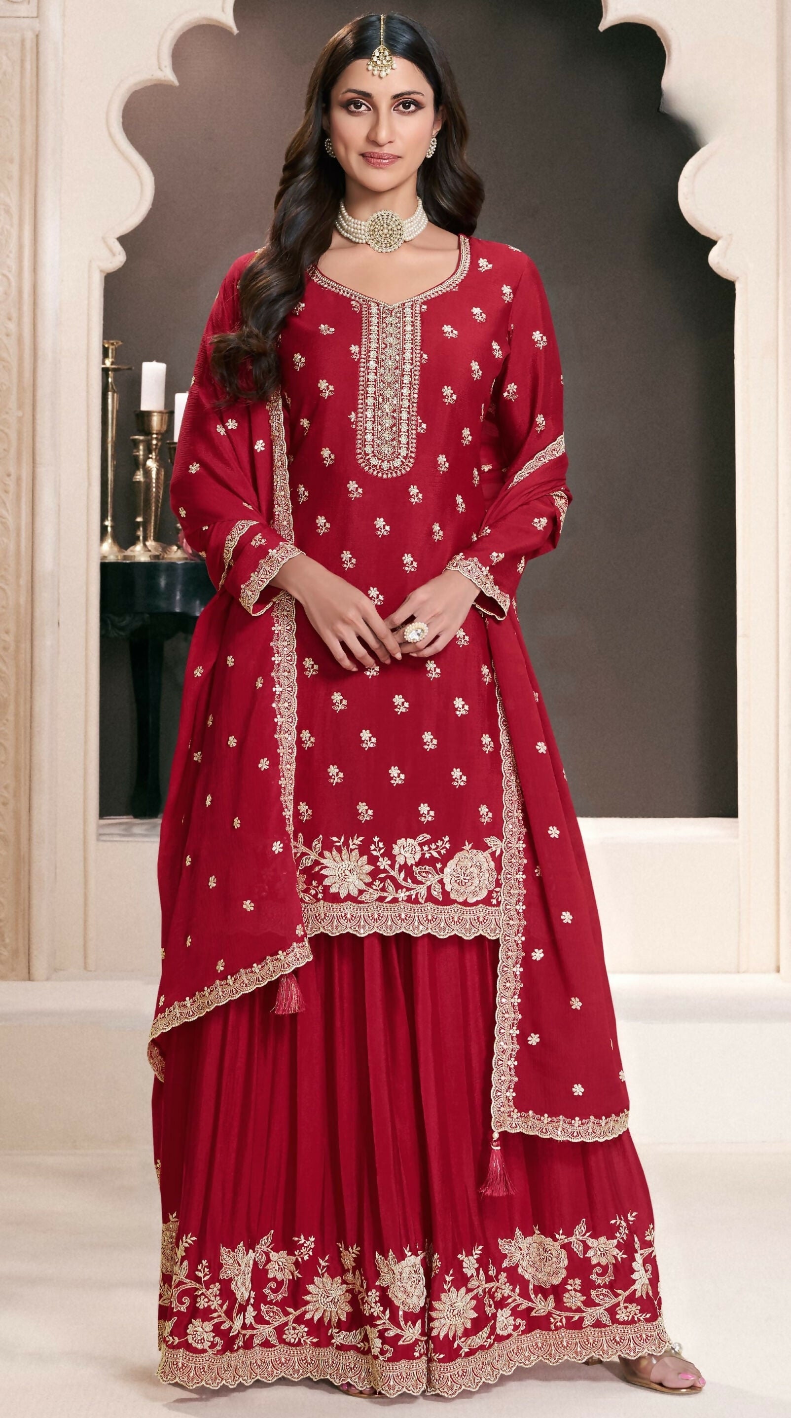 Anaita Red Chinon Embroidered Thread Work Stitched Salwar Suit