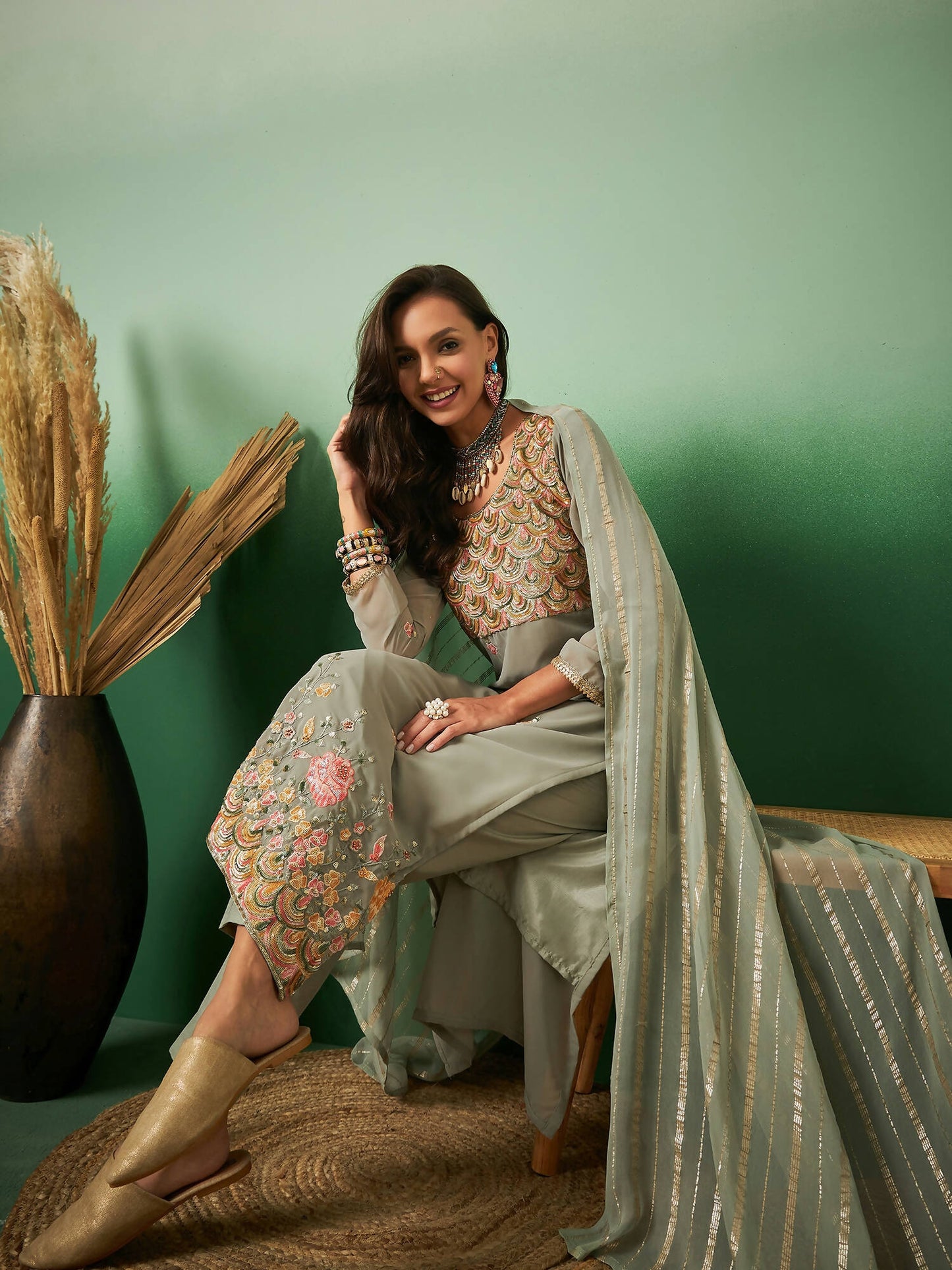 Light Green Georgette Handwork Unstitched Dress Material - Hanika | Swadesiicart