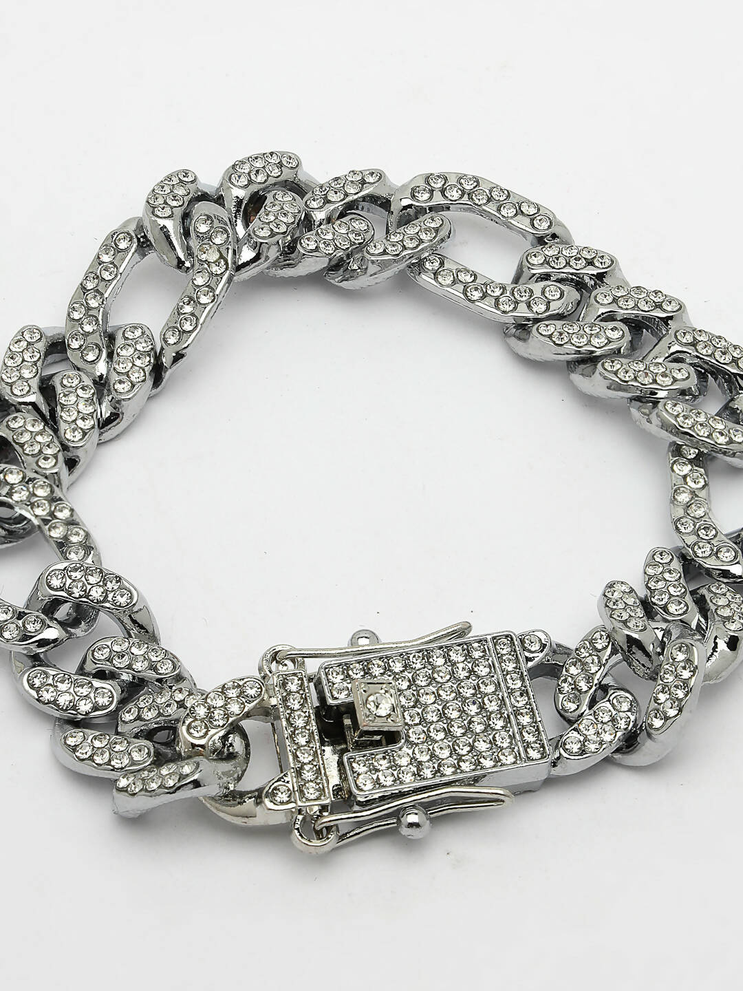 NVR Men Silver-Plated Stainless Steel American Diamond Studded Link Bracelet - Swadesiicart