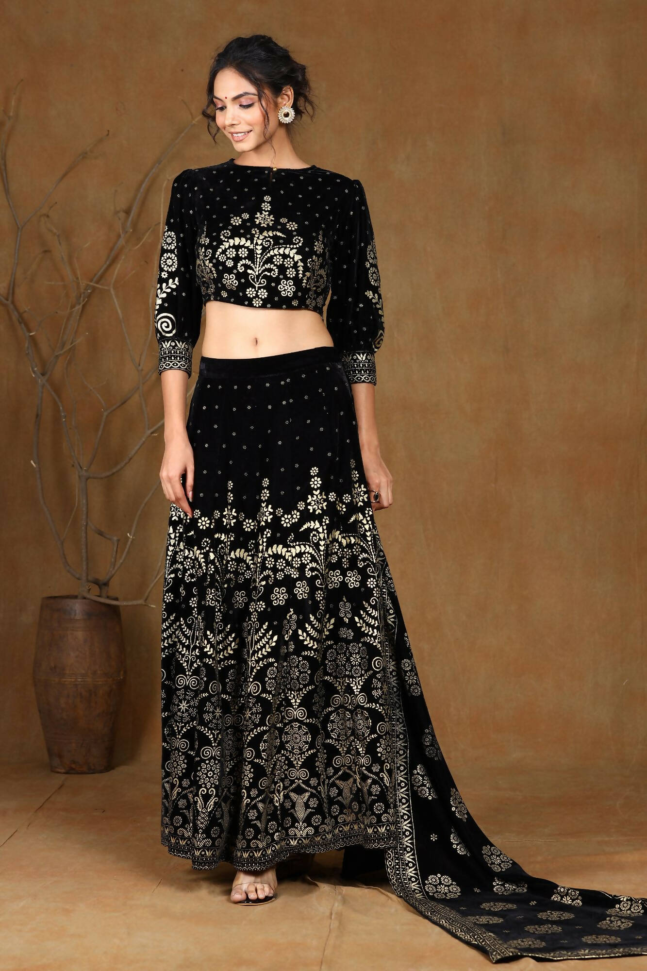 Juniper Women Black Velvet Printed Flared Lehenga Choli Sets | Swadesiicart