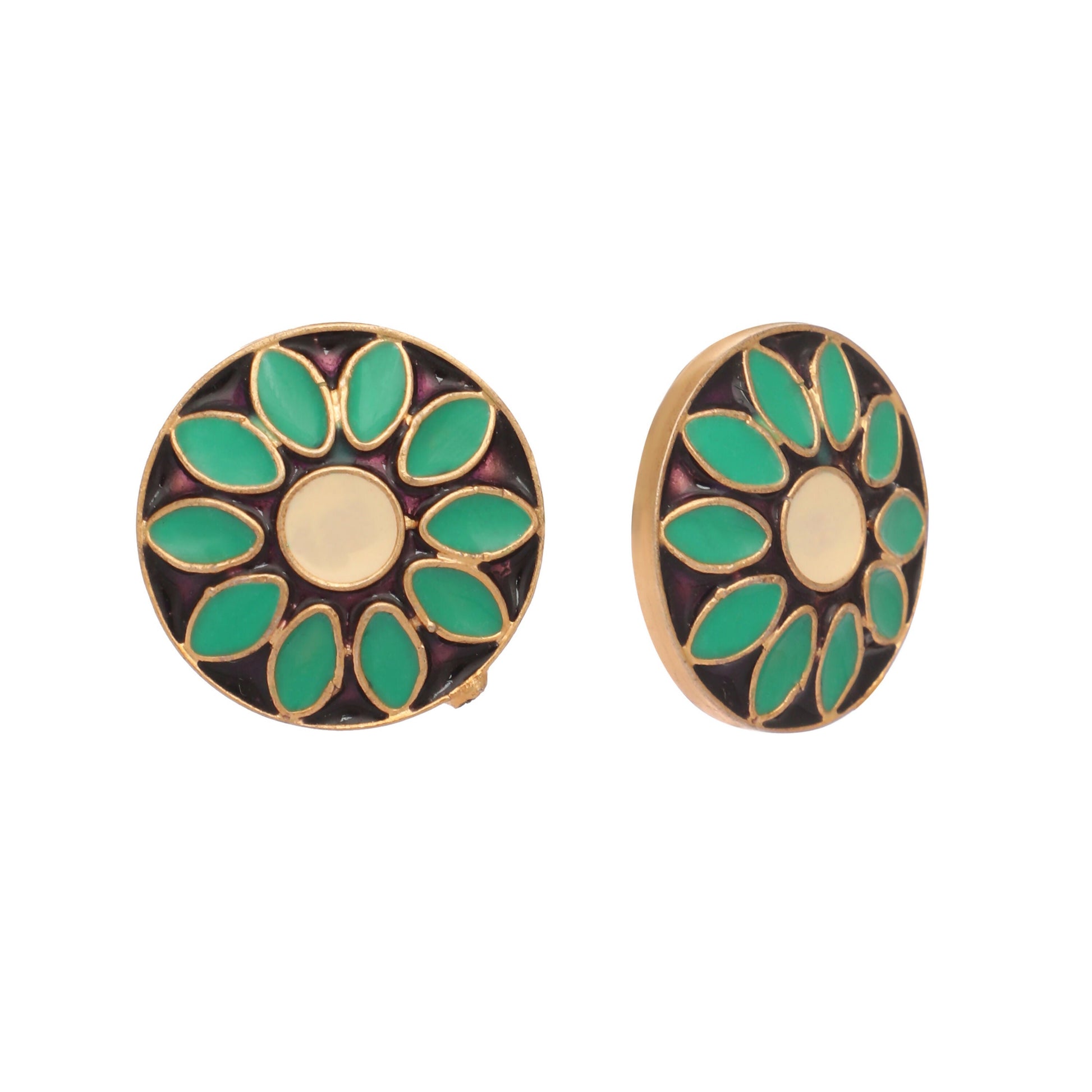 Nuyug 22K Gold Plated Circular Shaped Sea Green Enamelled Floral Motif Studs | Swadesiicart