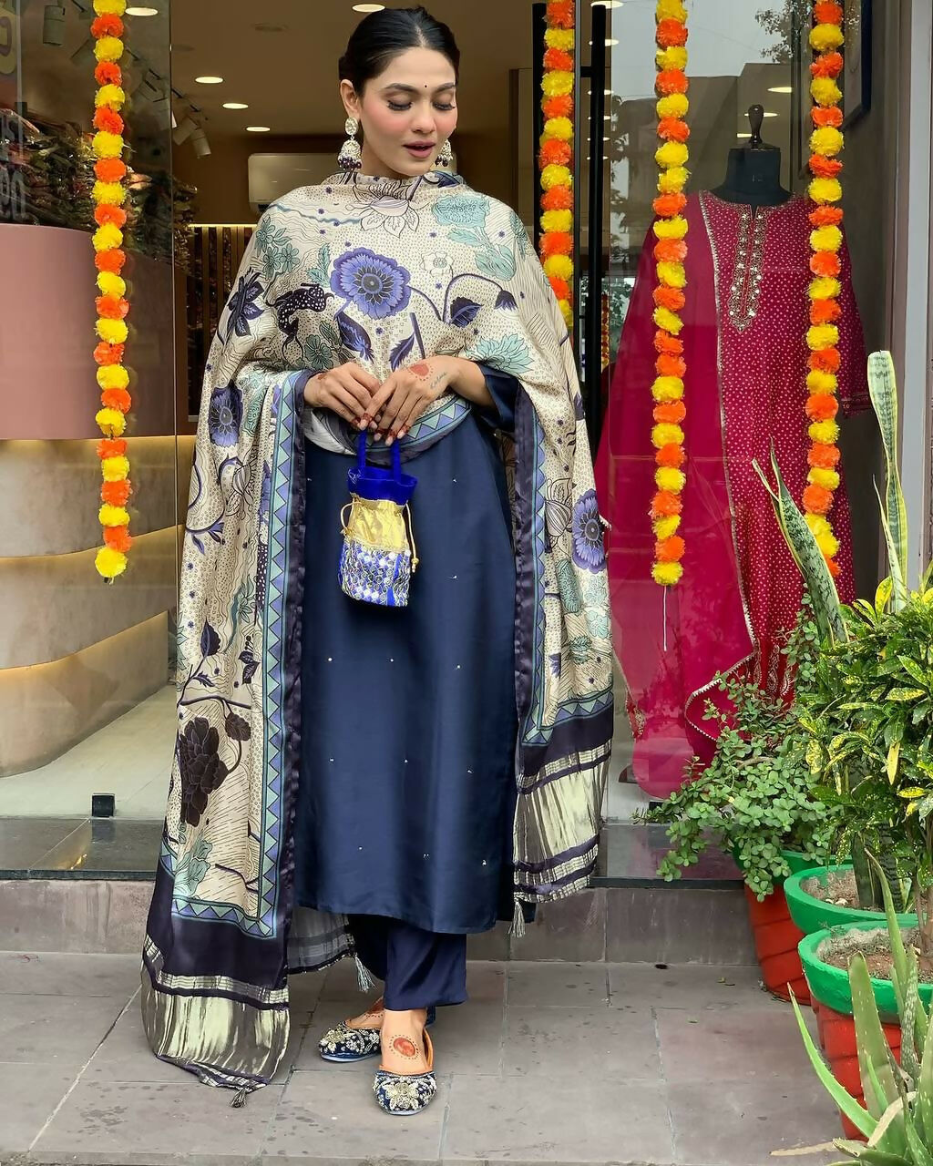 The52 Navy Blue Women's Beautiful Viscose Chanderi Fabric Embroidered Work Straight Kurta Pant and Dupatta Set - Swadesiicart