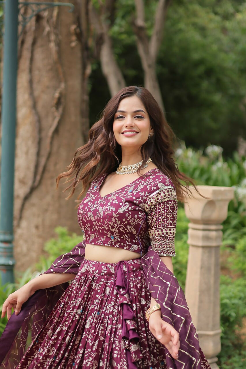 Lorenvalley Wine Pure Viscose Jacquard with Golden Embroidered Sequins work Lehenga Choli | Swadesiicart