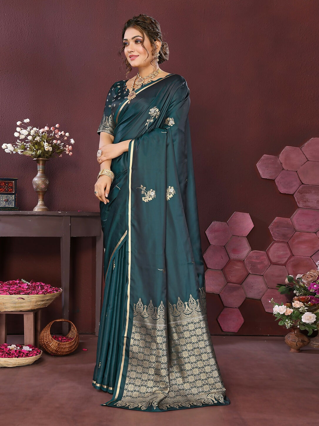 Joban Fashion Teal Floral Banarasi Silk Sarees | Swadesiicart