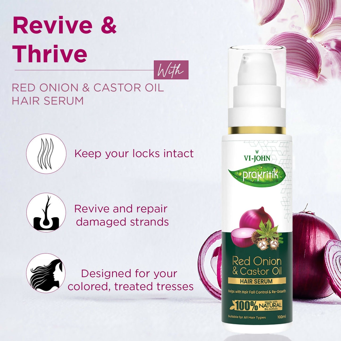 VI-JOHN Prakritik Red Onion & Castor Oil Hair serum, Reduces Hair Loss, 100% Natural Bio Actives Hair Oil | Swadesiicart