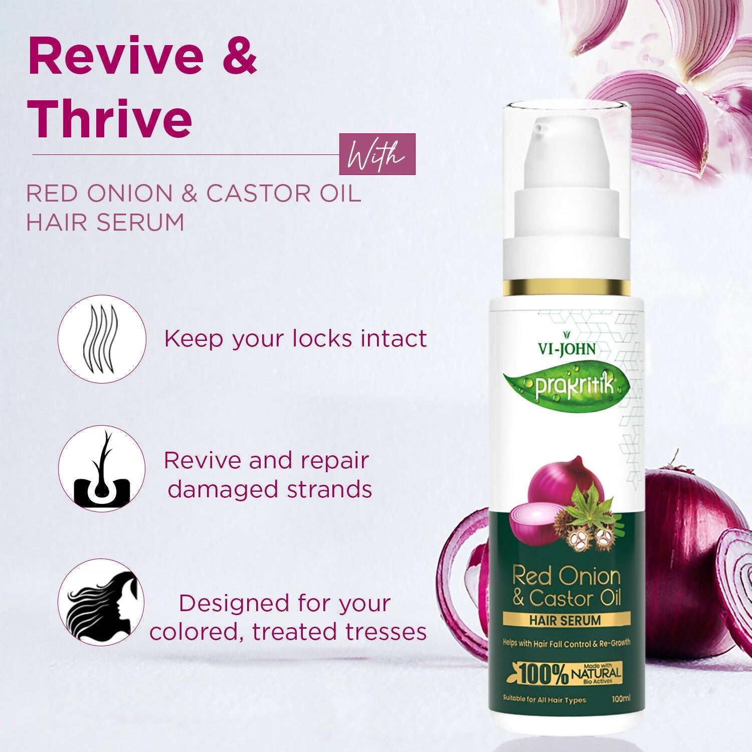 VI-JOHN Prakritik Red Onion & Castor Oil Hair serum, Reduces Hair Loss, 100% Natural Bio Actives Hair Oil | Swadesiicart