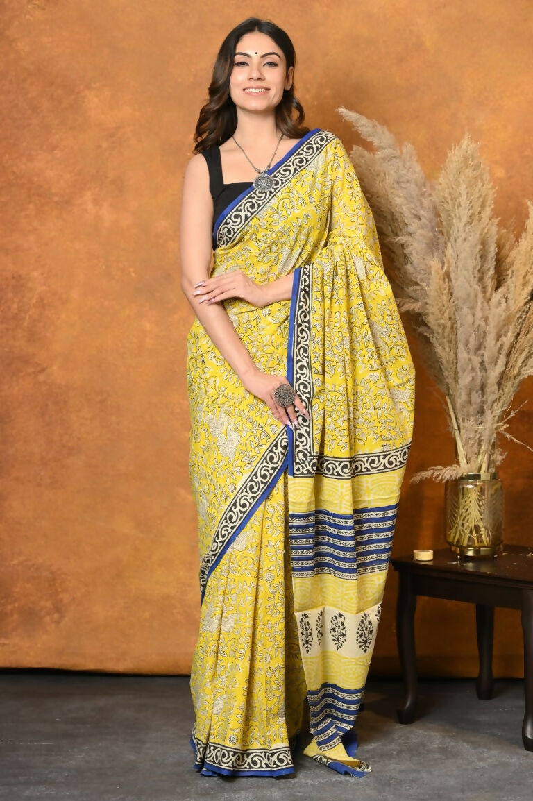 Very Much Indian Handblock Printed Cotton Saree With Natural Dyes - Green | Swadesiicart