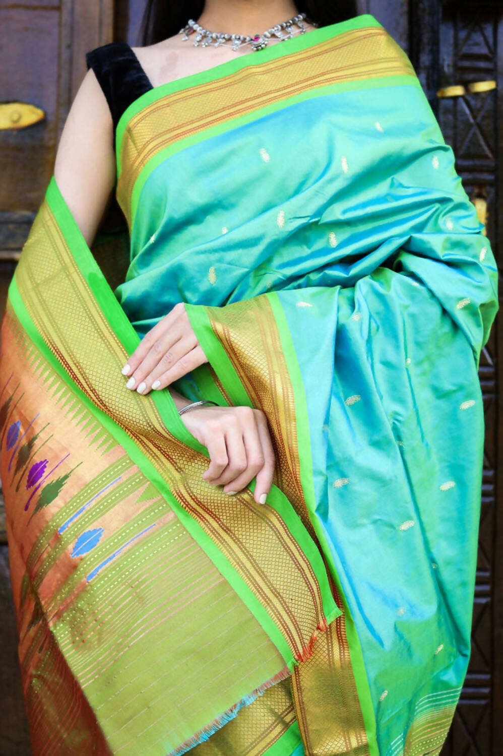 Very Much Indian Pure Silk Handloom Paithani -Dual Tone Blue Green | Swadesiicart