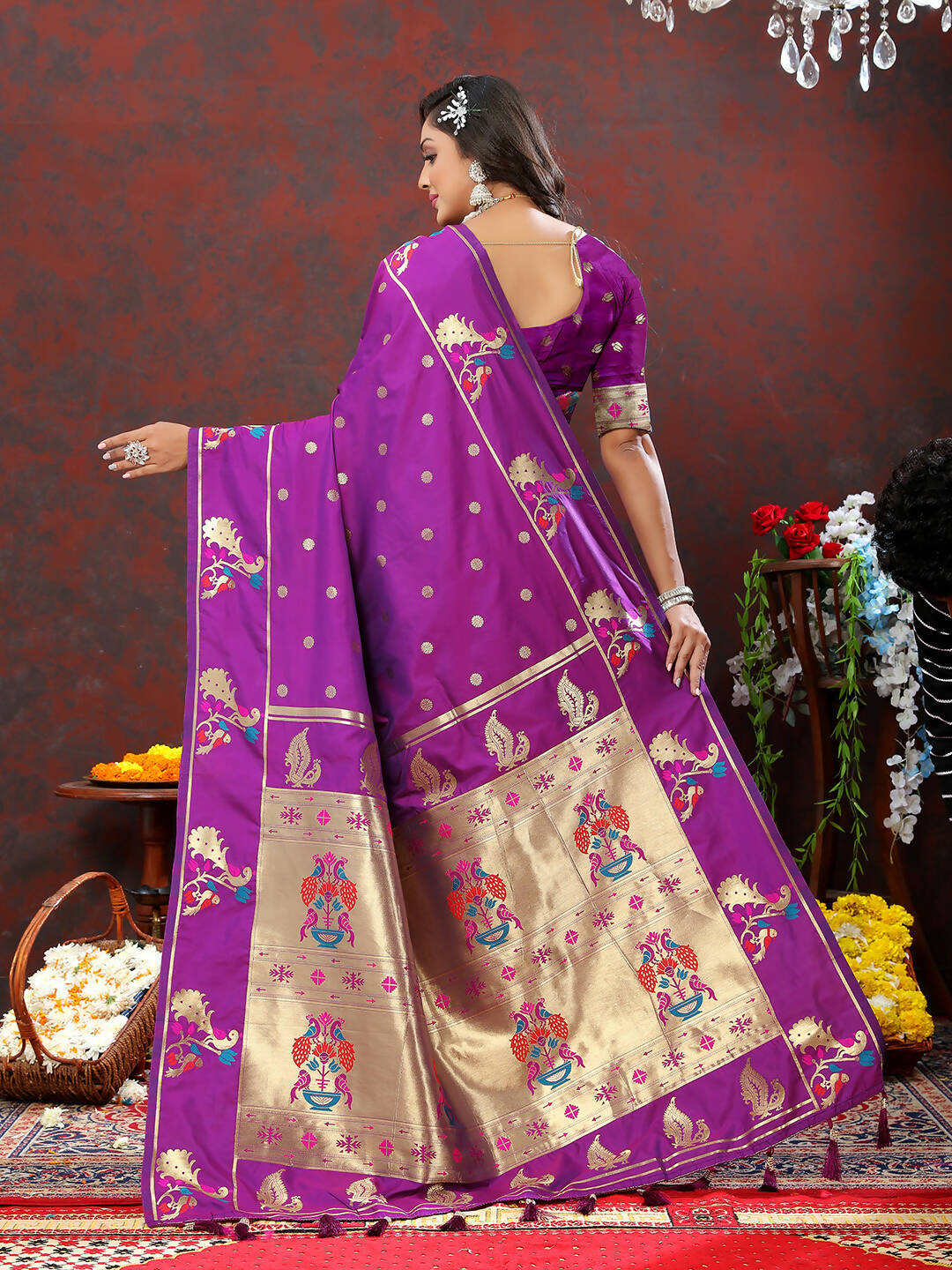 Lorenvalley Fashion Wine Soft Paithani Silk Woven Design Gold Zari Meenakari Weaving Saree - Swadesiicart