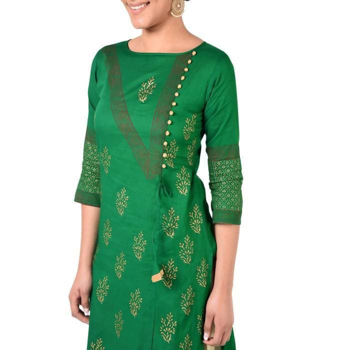 Aniyah Cotton Gold Print Straight Kurta In Green Color (AN-169K) - Swadesiicart
