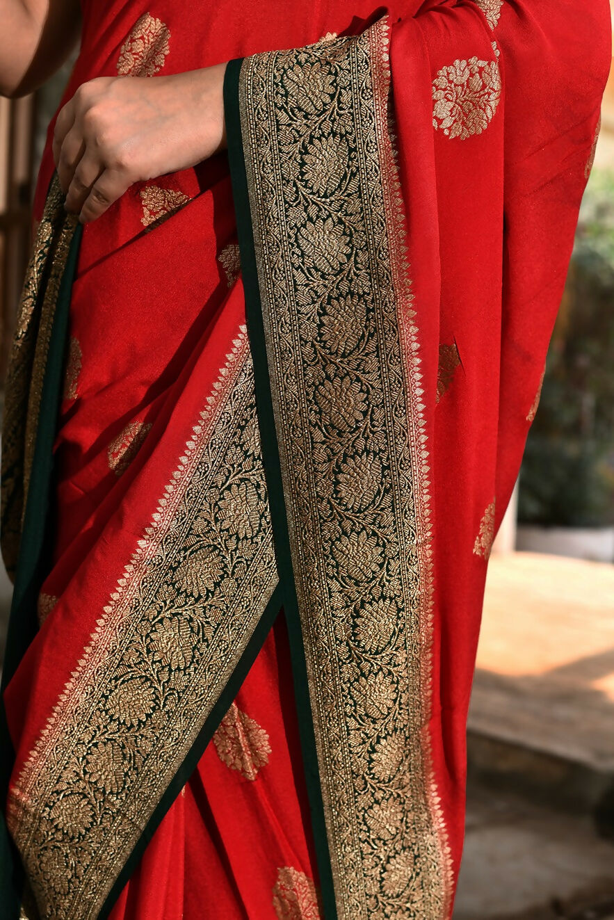 Joban Fashion Red Crepe Chiffon Pure Handloom Banarasi Silk Saree | Swadesiicart