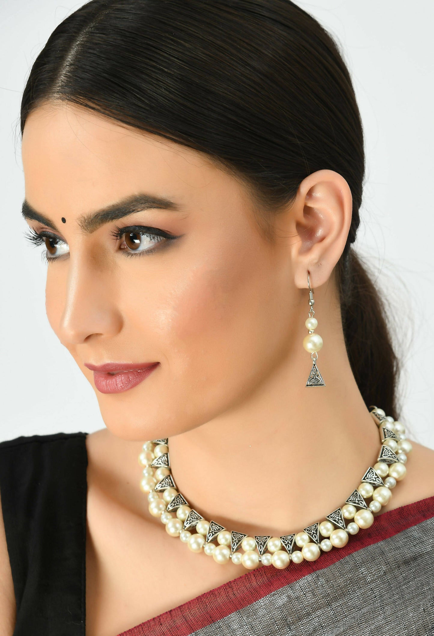 Mominos Fashion Johar Kamal Silver-Plated Brass Finish Pearls Work Choker For Women (White) | Swadesiicart