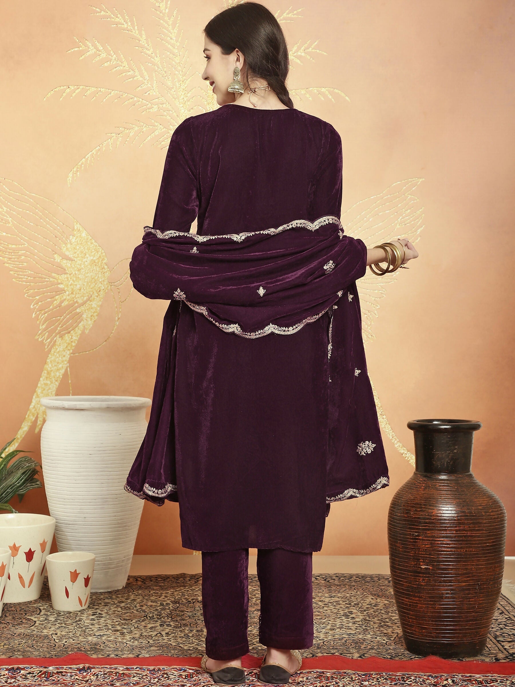 Jyoti Fashion Women's Wine Velvet Cording with Resham Thread & Sequin Kurta with Trouser & Dupatta | Swadesiicart