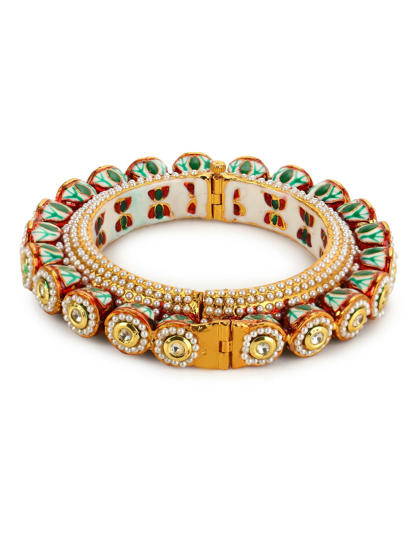 Gold-Polished Green Kundan-Studded Bangle - Ruby Raang - Swadesiicart