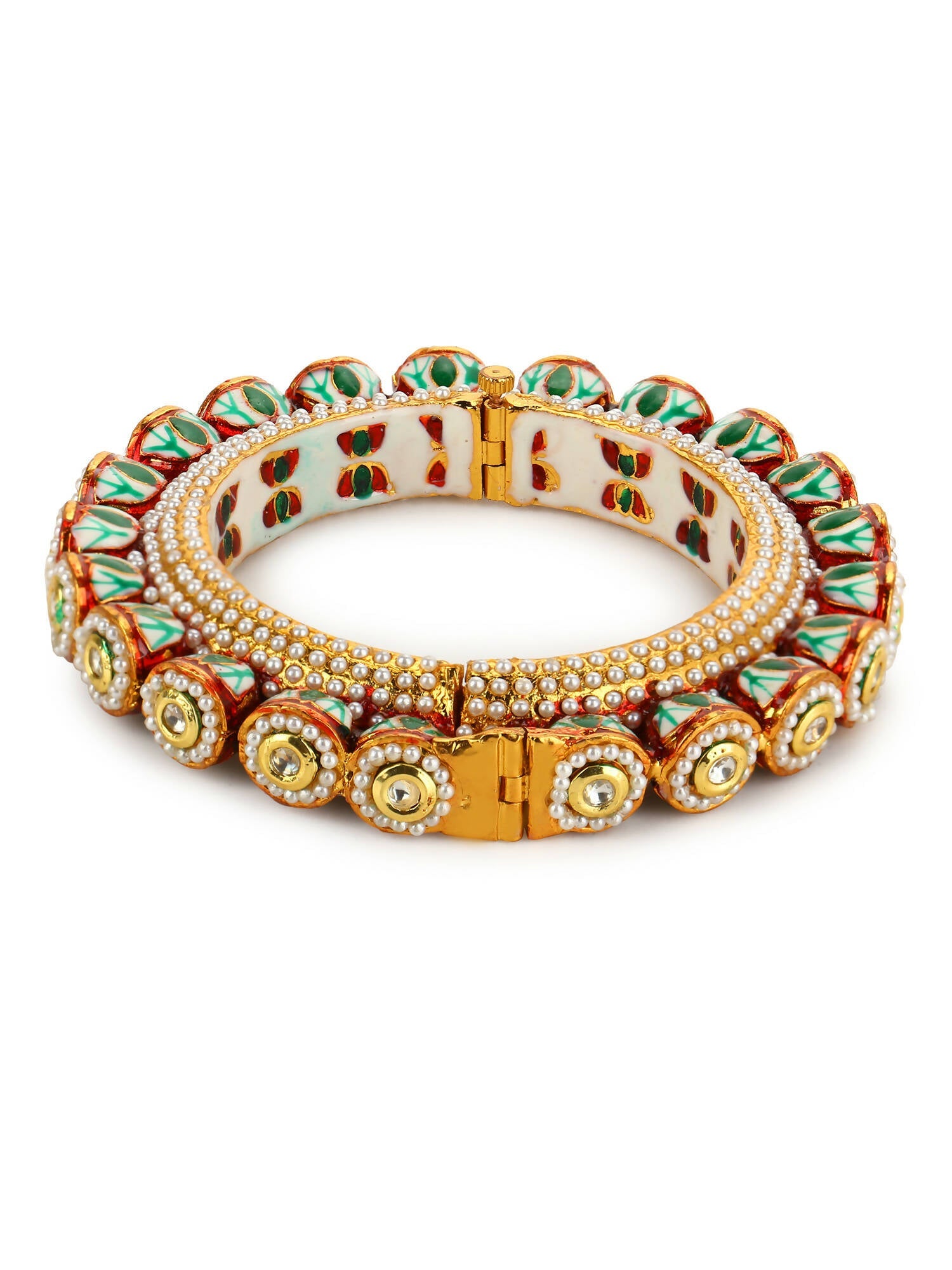Gold-Polished Green Kundan-Studded Bangle - Ruby Raang - Swadesiicart