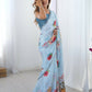 Blue Chinon Designer Digital Printed,Mirror Cut Work Saree - Manvika