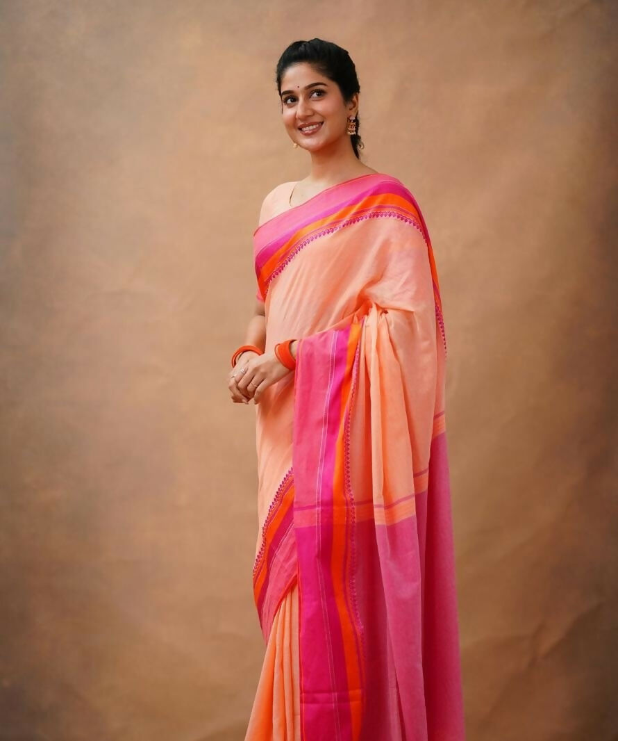 Exclusive Collection Light Orange Beautiful Khadi Cotton Handloom Saree - Swadesiicart