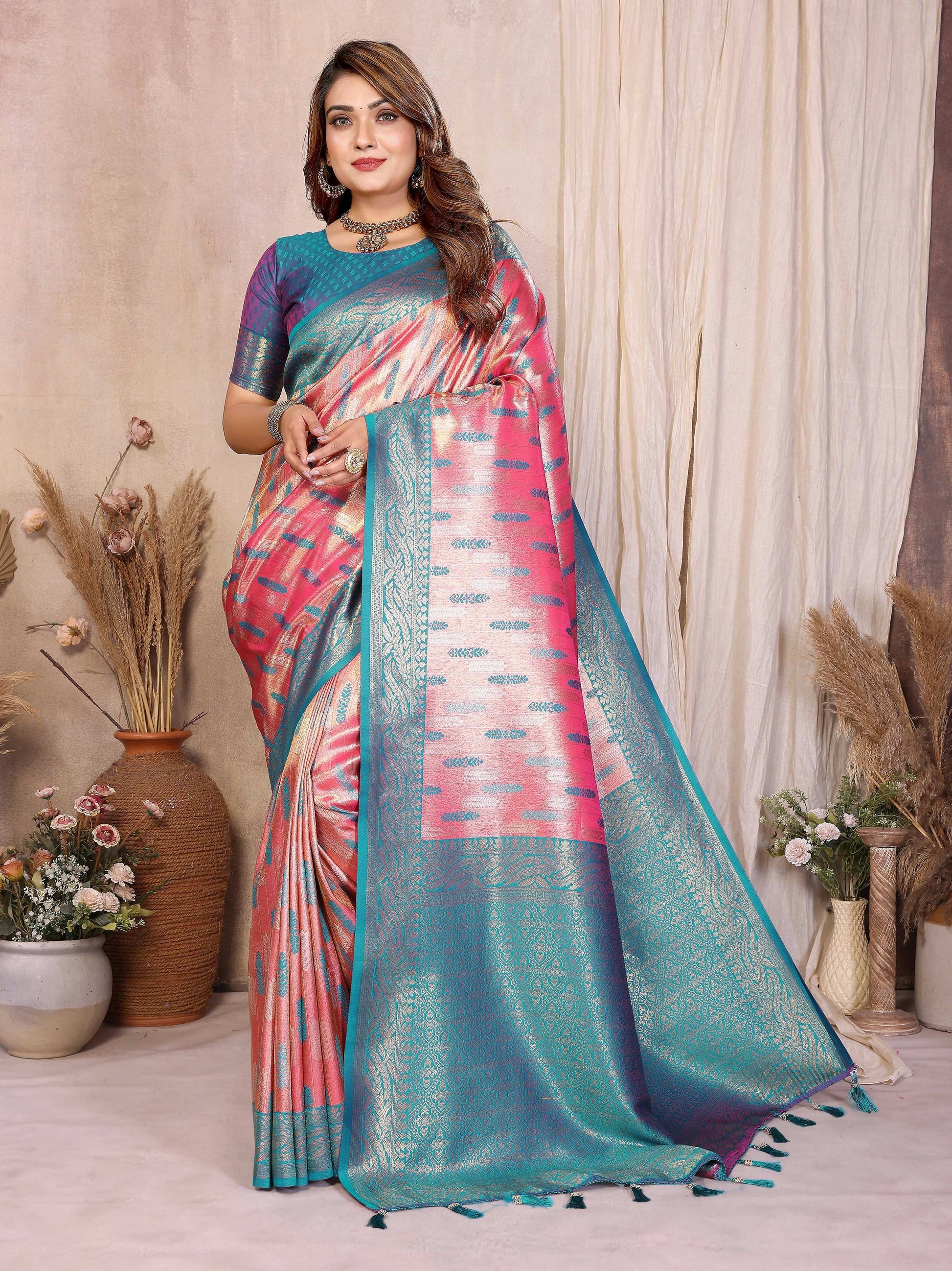 Aastha Fashion Pink Tissue Silk Paithani Woven Saree